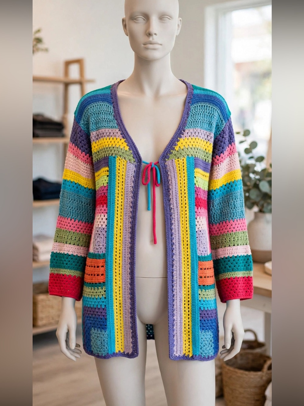 Italian made by Regina 100%Cotton Granny square  rainbow 🦋🌺patchwork Cardigan .